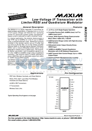MAX2510 datasheet - Low-Voltage IF Transceiver with Limiter/RSSI and Quadrature Modulator