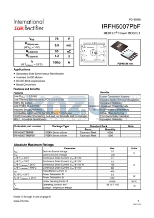 IRFH5007PBF datasheet - HEXFET Power MOSFET