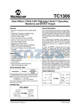 TC1306 datasheet - Dual 150mA CMOS LDOWith Select Mode Operation, Shutdown and RESET Output