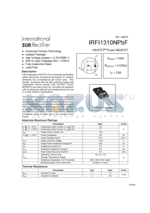 IRFI1310NPBF datasheet - HEXFET^ Power MOSFET