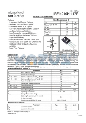 IRFI4019H-117P datasheet - DIGITAL AUDIO MOSFET