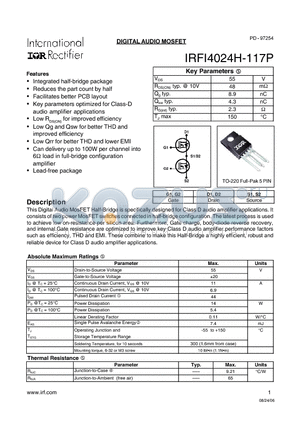 IRFI4024H-117P datasheet - DIGITAL AUDIO MOSFET