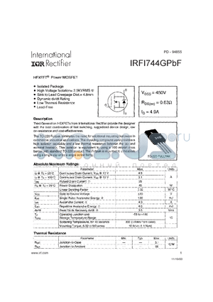 IRFI744GPBF datasheet - HEXFET Power MOSFET