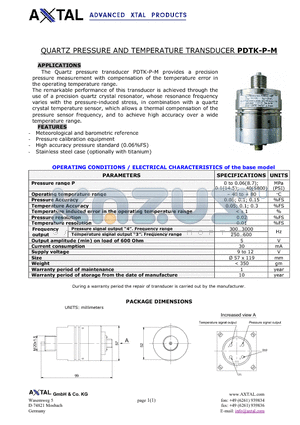 PDTK-P-M datasheet - QUARTZ PRESSURE AND TEMPERATURE TRANSDUCER