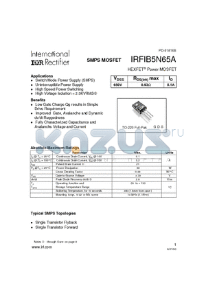 IRFIB5N65A datasheet - Power MOSFET(Vdss=650V, Rds(on)max=0.93ohm, Id=5.1A)
