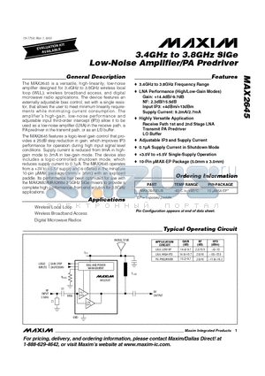 MAX2645 datasheet - 3.4GHz to 3.8GHz SiGe Low-Noise Amplifier/PA Predriver