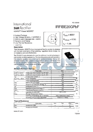 IRFIBE20GPBF datasheet - HEXFET Power MOSFET