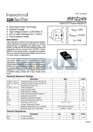 IRFIZ24N datasheet - Power MOSFET(Vdss=55V, Rds(on)=0.07ohm, Id=14A)