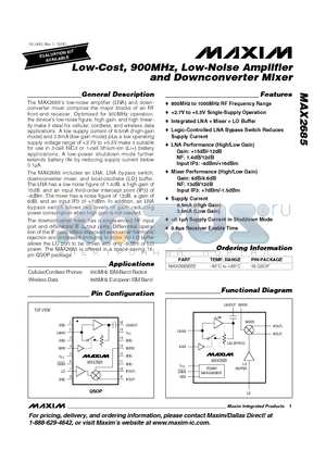 MAX2685EEE datasheet - Low-Cost, 900MHz, Low-Noise Amplifier and Downconverter Mixer