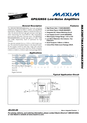 MAX2687 datasheet - GPS/GNSS Low-Noise Amplifiers