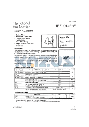 IRFL014PBF datasheet - Surface Mount, Fast Switching