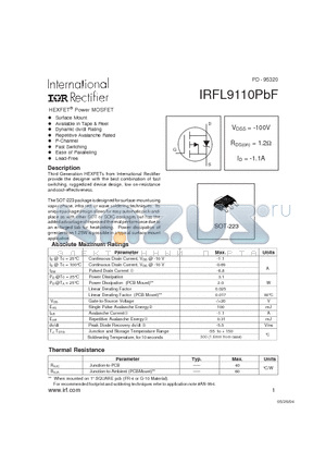 IRFL9110PBF datasheet - HEXFET^ Power MOSFET ( VDSS = -100V , RDS(on) = 1.2Y , ID = -1.1A )