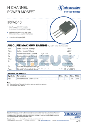 IRFM540 datasheet - N-CHANNEL POWER MOSFET