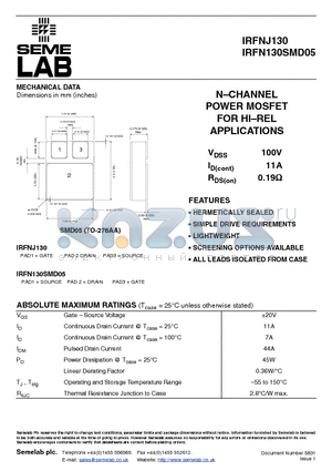 IRFN130SMD05 datasheet - NCHANNEL POWER MOSFET