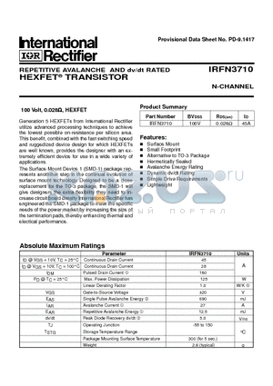 IRFN3710 datasheet - TRANSISTOR N-CHANNEL(BVdss=100V, Rds(on)=0.028ohm, Id=45A)