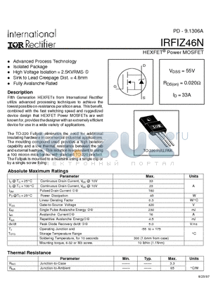 IRFIZ46N datasheet - Power MOSFET(Vdss=55V, Rds(on)=0.020ohm, Id=33A)