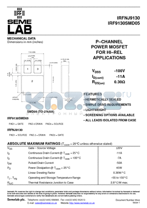 IRFNJ9130 datasheet - P-CHANNEL POWER MOSFET FOR HI-REL APPLICATIONS