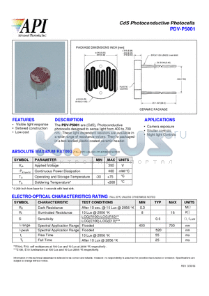 PDV-P5001 datasheet - CdS Photoconductive Photocells