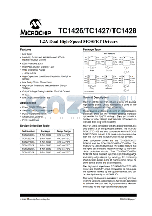 TC1427CPA datasheet - 1.2A Dual High-Speed MOSFET Drivers