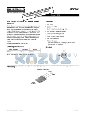 IRFP140 datasheet - 31A, 100V, 0.077 Ohm, N-Channel Power MOSFET