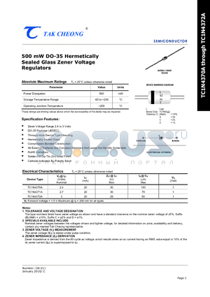 TC1N4370A_10 datasheet - 500 mW DO-35 Hermetically Sealed Glass Zener Voltage Regulators