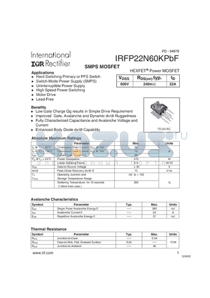 IRFP22N60KPBF datasheet - HEXFET Power MOSFET
