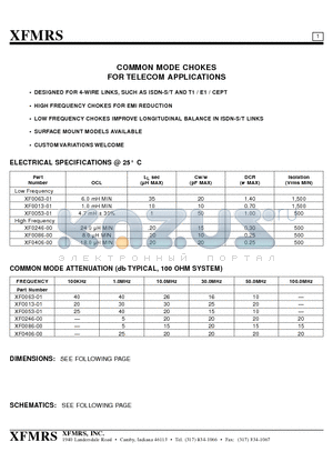 XF0086-00 datasheet - COMMON MODE CHOKES FOR TELECOM APPLICATIONS