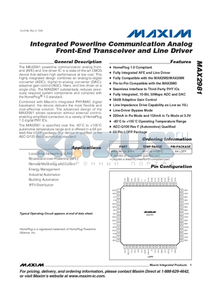 MAX2981 datasheet - Integrated Powerline Communication Analog Front-End Transceiver and Line Driver