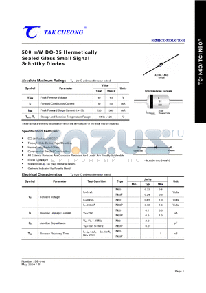 TC1N60 datasheet - 500 mW DO-35 Hermetically Sealed Glass Small Signal Schottky Diodes