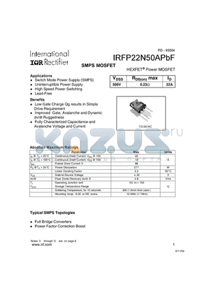 IRFP22N50APBF datasheet - HEXFET Power MOSFET ( VDSS = 500V , RDS(on)max = 0.23Y , ID = 22A )