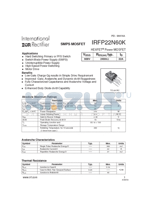 IRFP22N60K datasheet - SMPS MOSFET
