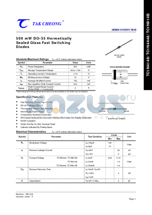 TC1N914B datasheet - 500 mW DO-35 Hermetically Sealed Glass Fast Switching Diodes