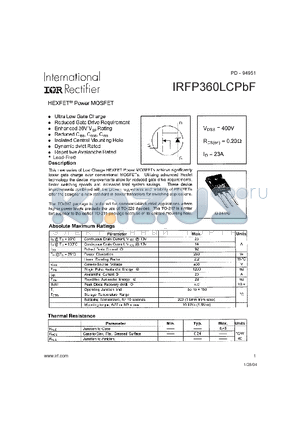 IRFP360LCPBF datasheet - HEXFET Power MOSFET