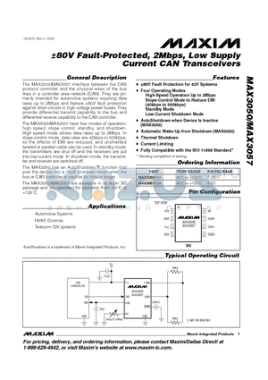 MAX3050ASA datasheet - a80V Fault-Protected, 2Mbps, Low Supply Current CAN Transceivers