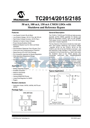 TC2014_06 datasheet - 50 mA, 100 mA, 150 mA CMOS LDOs with Shutdown and Reference Bypass