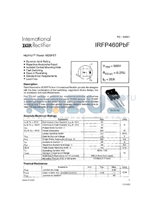 IRFP460PBF datasheet - Dynamic dv/dt Rating, Repetitive Avalanche Rated, Isolated Central Mounting Hole, Fast Switching, Ease of Paralleling, Simple Drive Requirements, Lead