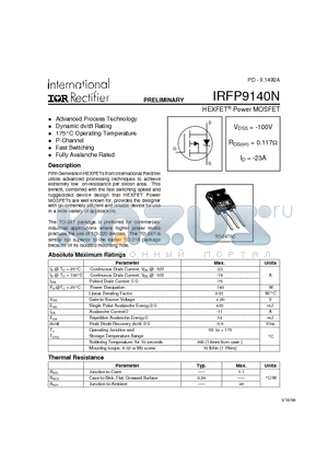 IRFP9140N datasheet - Power MOSFET(Vdss=-100V, Rds(on)=0.117ohm, Id=-23A)