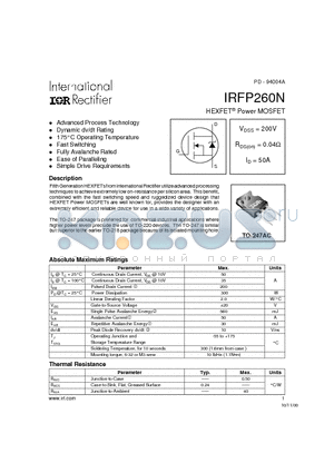 IRFP260 datasheet - Power MOSFET(Vdss=200V, Rds(on)=0.04ohm, Id=50A)