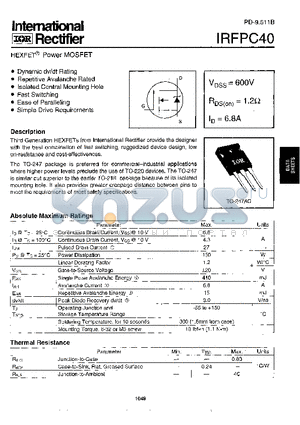 IRFPC40 datasheet - Power MOSFET(Vdss=600V, Rds(on)=1.2ohm, Id=6.8A)