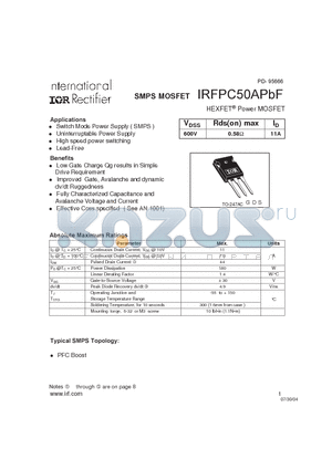 IRFPC50APBF datasheet - HEXFET^Power MOSFET