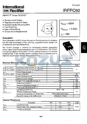 IRFPC60 datasheet - Power MOSFET(Vdss=600V, Rds(on)=0.40ohm, Id=16A)