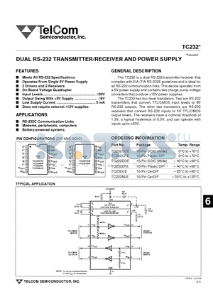 TC232CPE datasheet - DUAL RS-232 TRANSMITTER/RECEIVER AND POWER SUPPLY