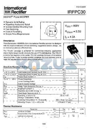 IRFPC30 datasheet - Power MOSFET(Vdsss=600V, Rds(on)=2.2ohm, Id=4.3A)