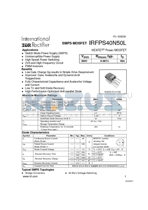 IRFPS40N50L datasheet - Power MOSFET(Vdss=500V, Rds(on)typ.=0.087ohm, Id=46A)