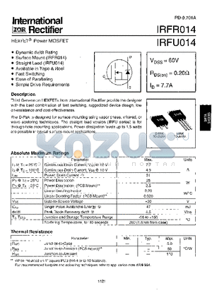 IRFR014 datasheet - Power MOSFET(Vdss = 60 V, Rds(on)  = 0.20 Ohm, Id= 7.7A)