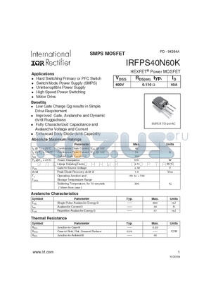 IRFPS40N60K datasheet - HEXFET-R Power MOSFET