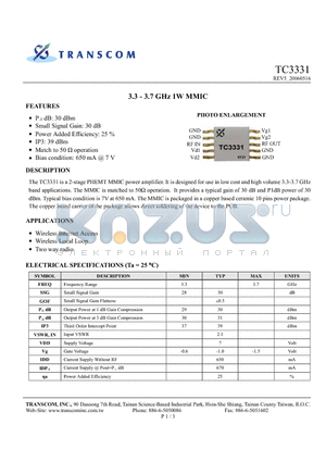 TC3331 datasheet - 3.3 - 3.7 GHz 1W MMIC