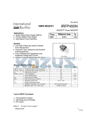 IRFP450N datasheet - Power MOSFET(Vdss=500V, Rds(on)max=0.37ohm, Id=14A)