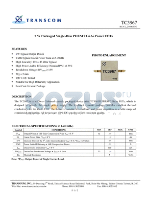 TC3967 datasheet - 2 W Packaged Single-Bias PHEMT GaAs Power FETs