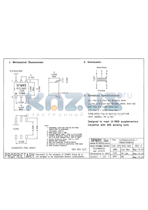 XF01962-20A datasheet - T3/DS3/E3/STS-1 TRANSFORMERS